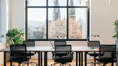 Desks with view of city 
