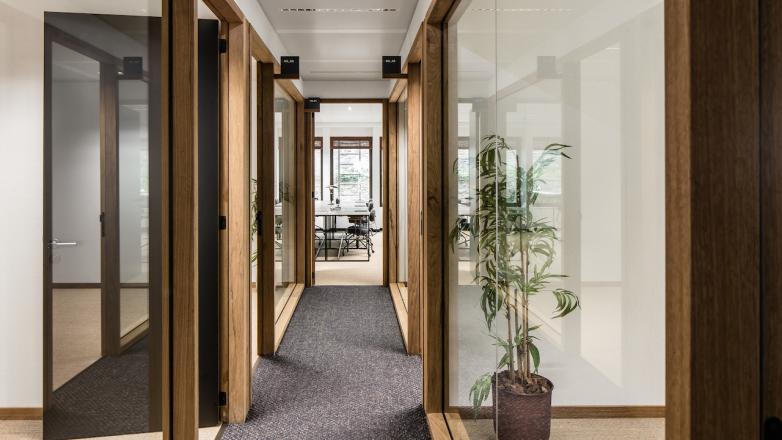 Hallway with glass and wooden look